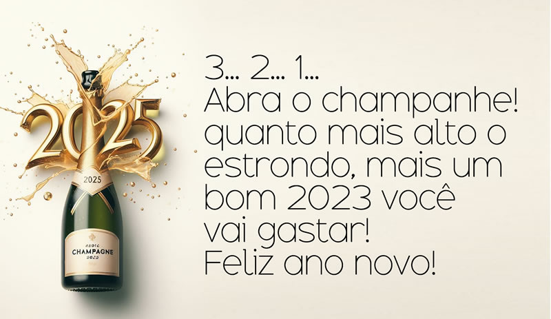Mensagem de Ano Novo: 3 ... 2 ... 1 ... Abra o champanhe! quanto mais alto o estrondo você fizer, mais um belo 2025 você gastará! Feliz Ano Novo!